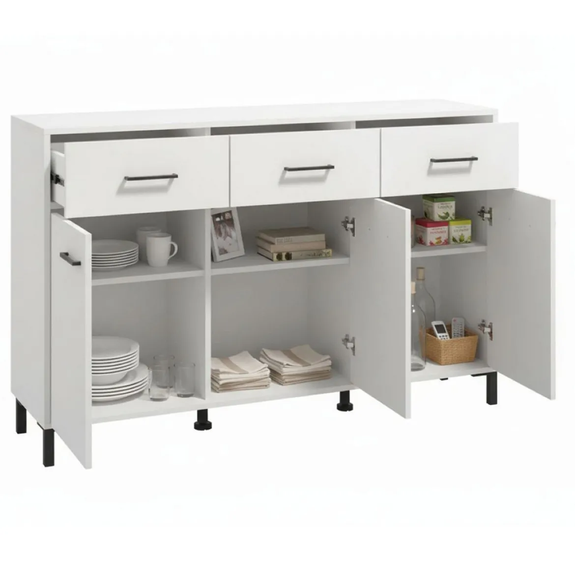 Credenza Bianco Nero 3 Ripiani un Cassetto 116x35x78h cm, 3 Ante - Uyuni