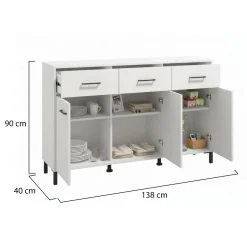 Credenza Bianco Nero 3 Ripiani un Cassetto 116x35x78h cm, 3 Ante - Uyuni