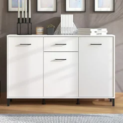 Credenza Bianco Nero 4 Ripiani 2 Cassetti 182.5x40x90h cm, 4 Ante - Grondona