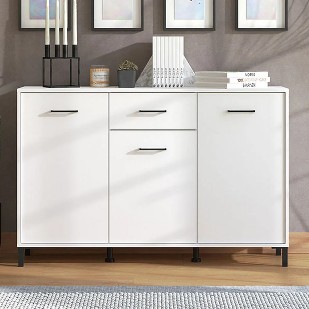 Credenza Bianco Nero 4 Ripiani 2 Cassetti 182.5x40x90h cm, 4 Ante - Grondona