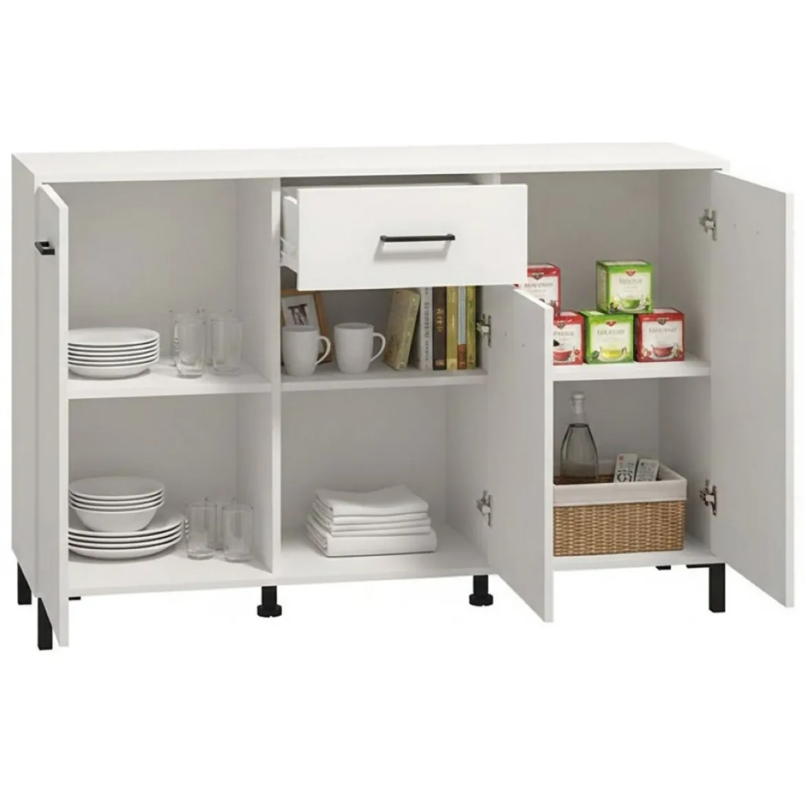Credenza Bianco Nero 4 Ripiani 2 Cassetti 182.5x40x90h cm, 4 Ante - Grondona