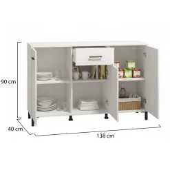 Credenza Bianco Nero 4 Ripiani 2 Cassetti 182.5x40x90h cm, 4 Ante - Grondona