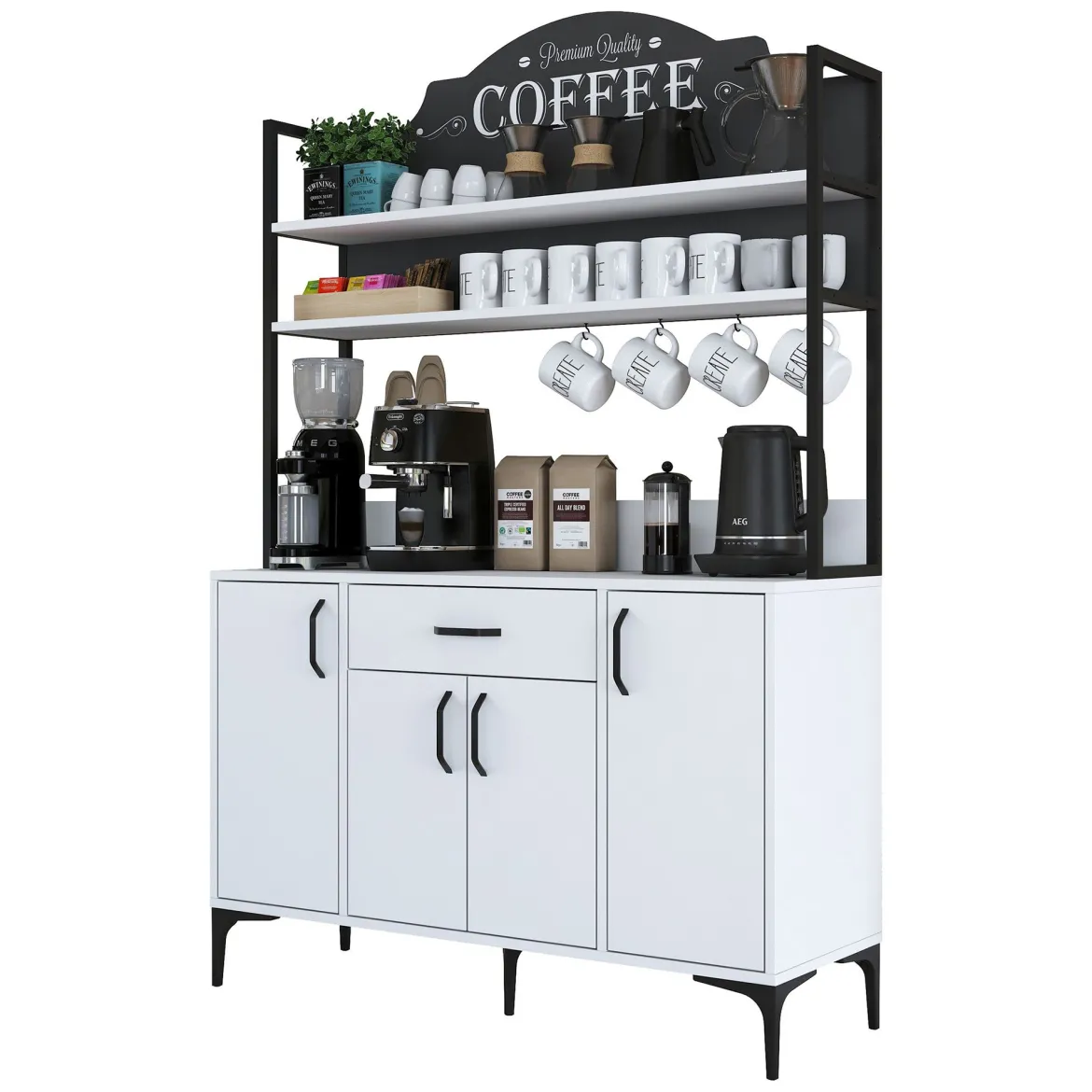 Credenza Bianco Nero 4 Ripiani un Cassetto 120x40x184h cm, 4 Ante - Camino