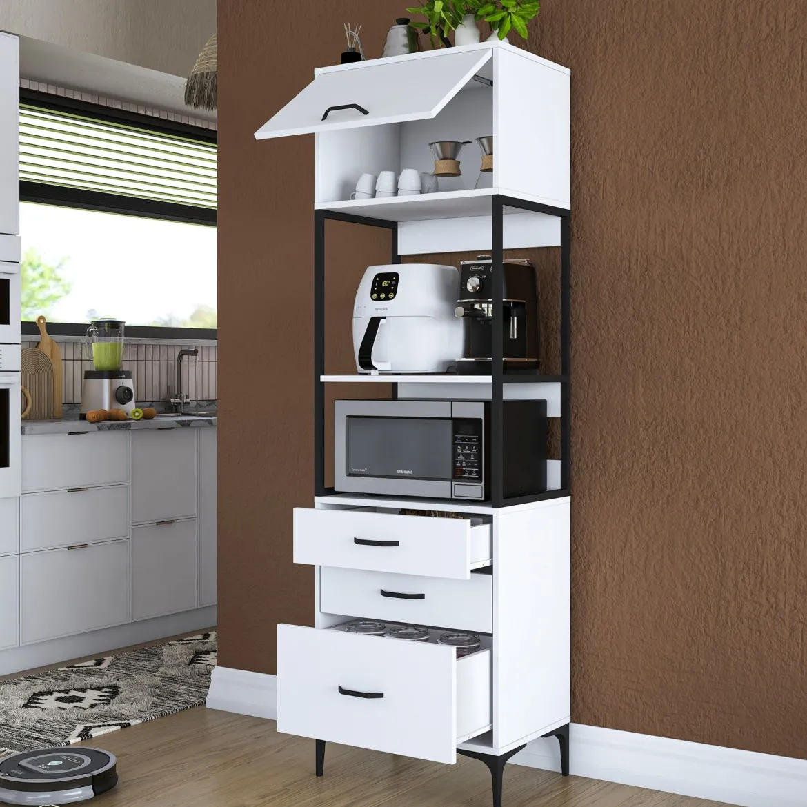 Credenza Bianco Nero un Ripiano 3 Cassetti 60x40x199h cm, Un'anta - Capua