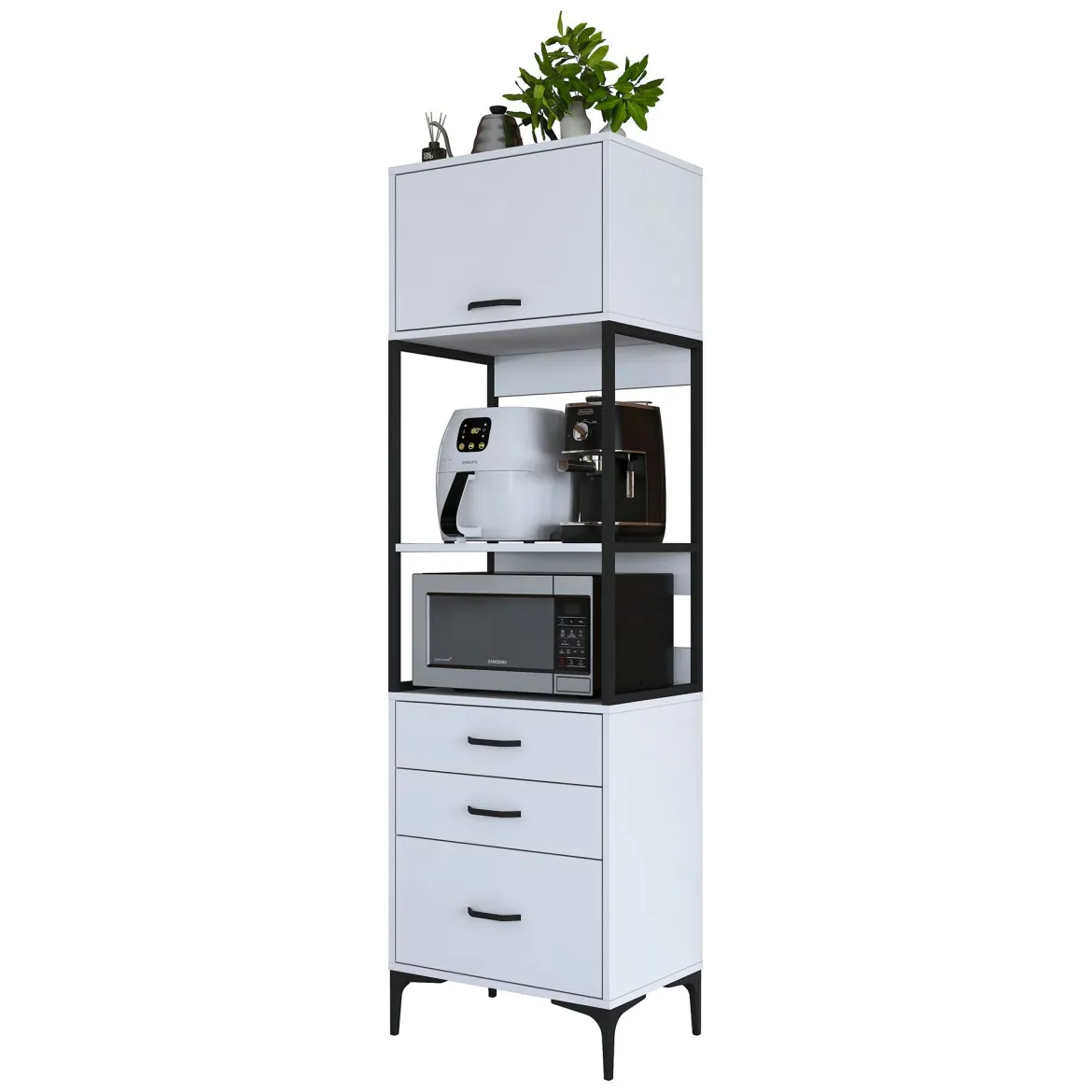 Credenza Bianco Nero un Ripiano 3 Cassetti 60x40x199h cm, Un'anta - Capua