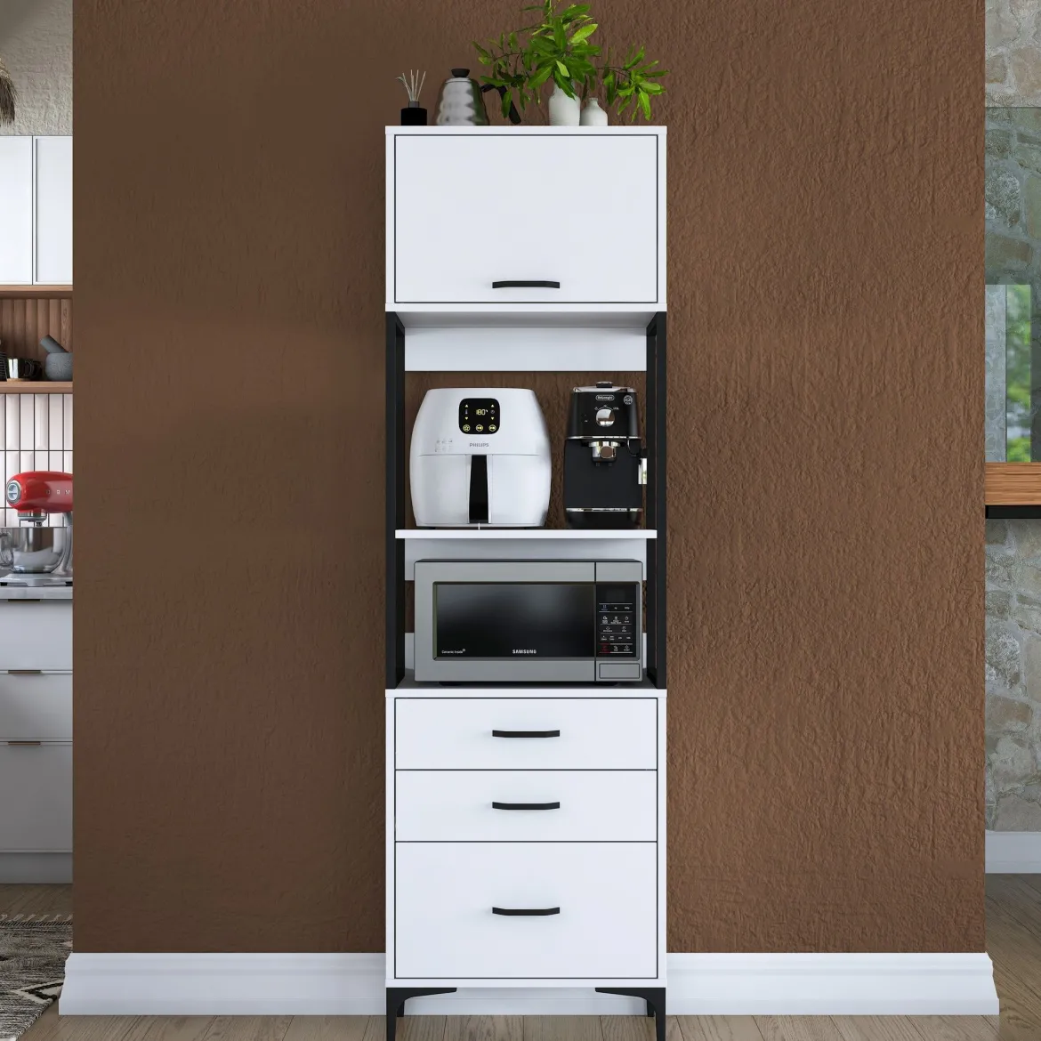 Credenza Bianco Nero un Ripiano 3 Cassetti 60x40x199h cm, Un'anta - Capua