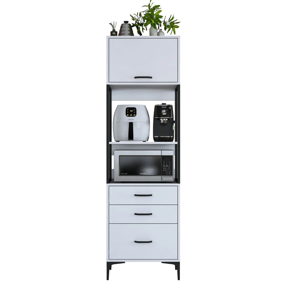 Credenza Bianco Nero un Ripiano 3 Cassetti 60x40x199h cm, Un'anta - Capua