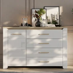 Credenza Bianco Opaco Marrone Rovere 2 Ripiani 4 Cassetti 135x40x88h cm, Un'anta - Bicheno