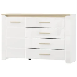 Credenza Bianco Opaco Marrone Rovere 2 Ripiani 4 Cassetti 135x40x88h cm, Un'anta - Bicheno