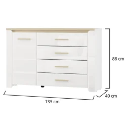Credenza Bianco Opaco Marrone Rovere 2 Ripiani 4 Cassetti 135x40x88h cm, Un'anta - Bicheno
