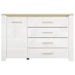 Credenza Bianco Opaco Marrone Rovere 2 Ripiani 4 Cassetti 135x40x88h cm, Un'anta - Bicheno