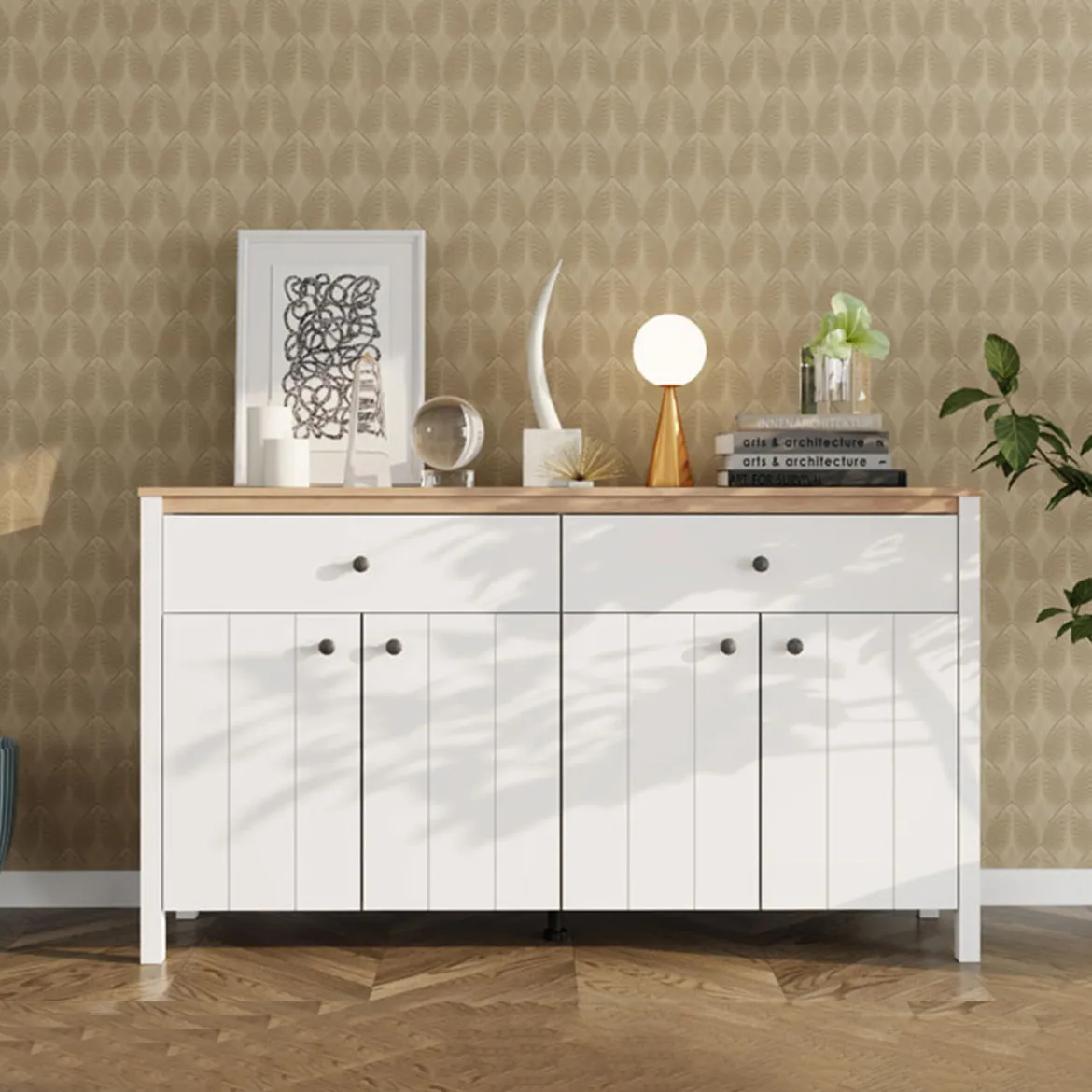 Credenza Bianco Opaco Marrone Rovere 4 Ripiani 3 Cassetti 106x35x101h cm, Un'anta - Coloni