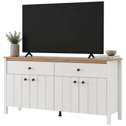 Credenza Bianco Opaco Marrone Rovere 3 Ripiani 2 Cassetti 163x40x92h cm, 4 Ante - Belve
