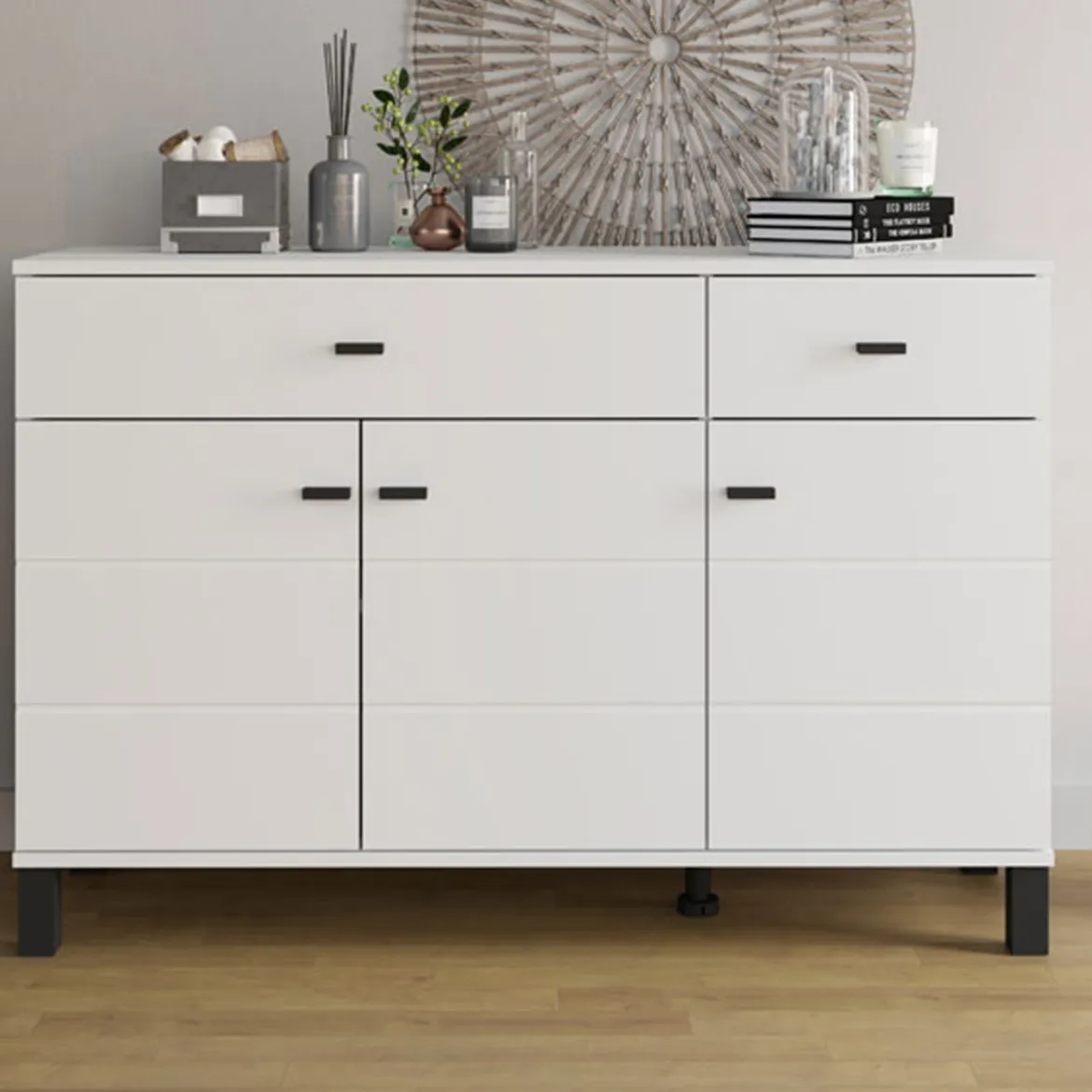 Credenza Bianco Opaco Nero 3 Cassetti 2 Ripiani 116x35x78h cm, Apertura Battente, Scorrevole - Guatav