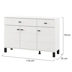 Credenza Bianco Opaco Nero 3 Cassetti 2 Ripiani 116x35x78h cm, Apertura Battente, Scorrevole - Guatav