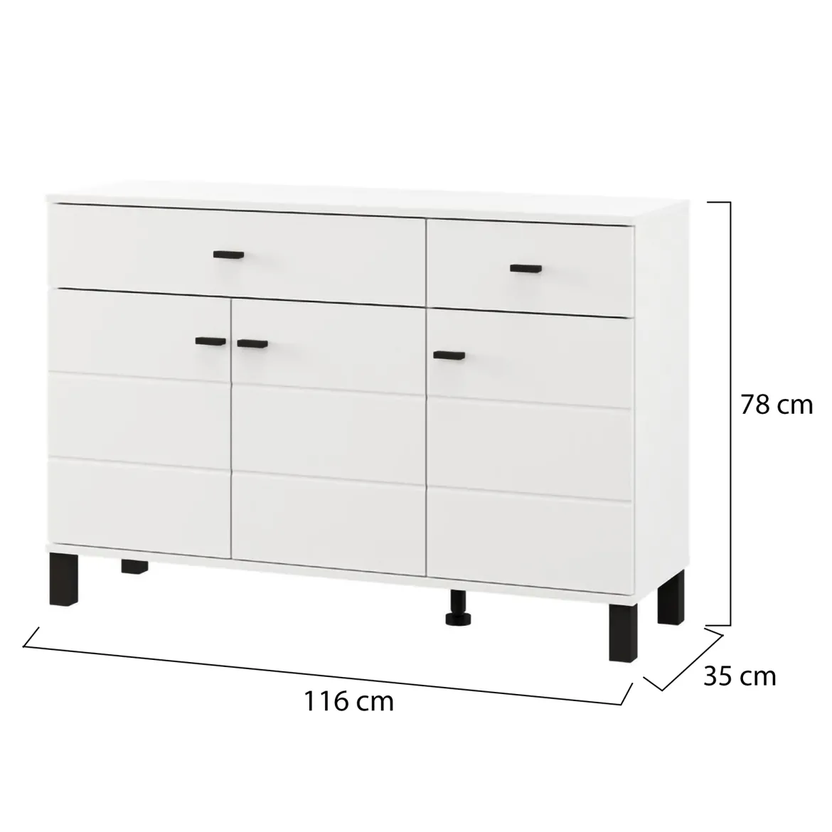 Credenza Bianco Opaco Nero 3 Cassetti 2 Ripiani 116x35x78h cm, Apertura Battente, Scorrevole - Guatav