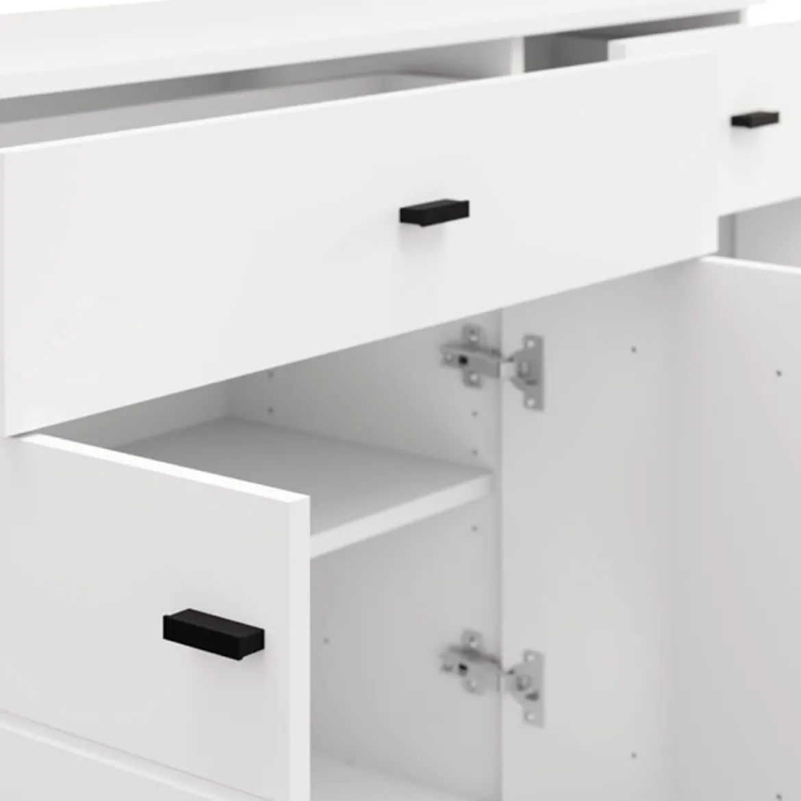 Credenza Bianco Opaco Nero 3 Cassetti 2 Ripiani 116x35x78h cm, Apertura Battente, Scorrevole - Guatav