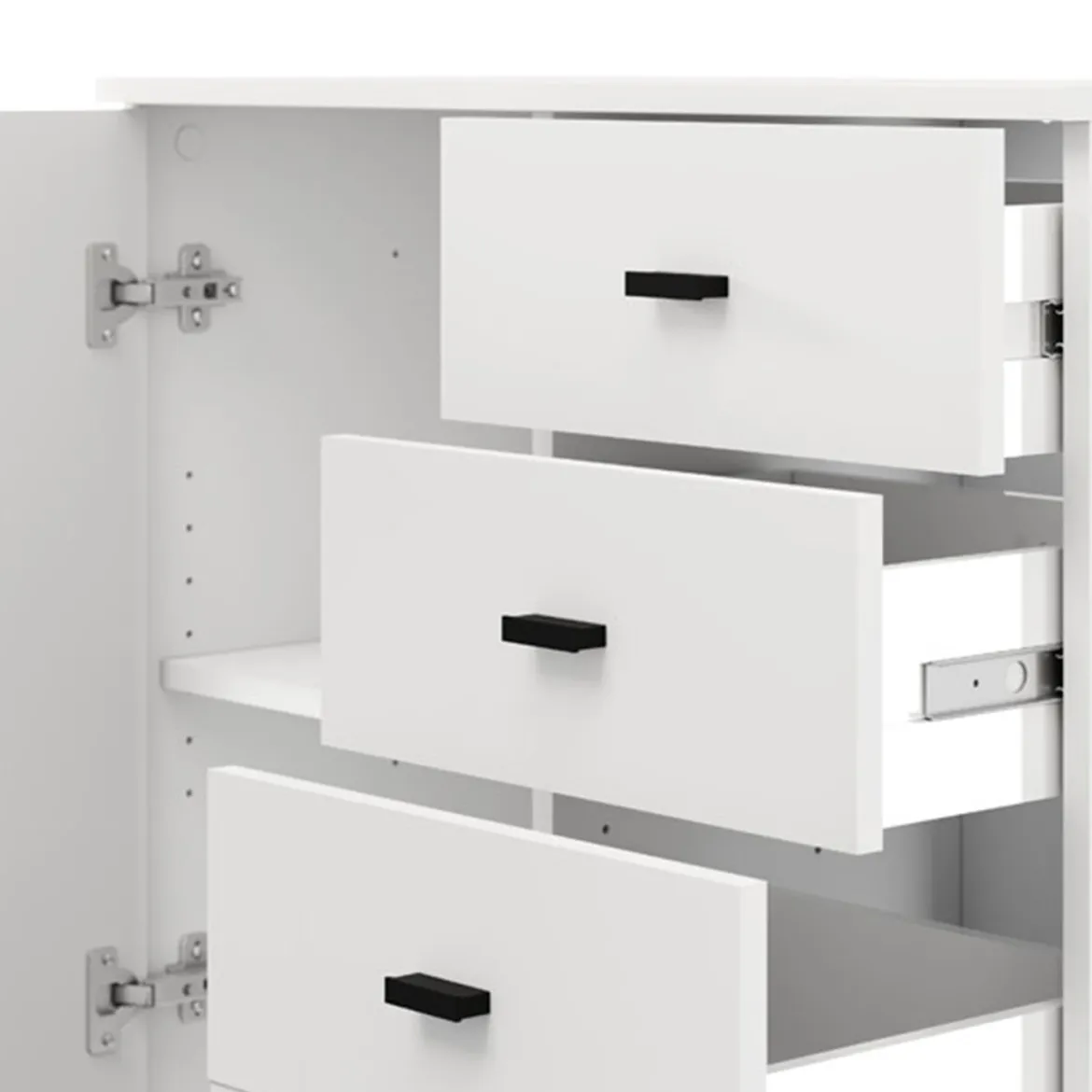 Credenza Bianco Opaco Nero 3 Cassetti 2 Ripiani 77x35x78h cm, Apertura Battente, Scorrevole - Ollant