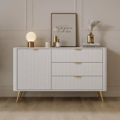 Credenza Bianco oro 3 Cassetti un Ripiano 138x38x81h cm, Apertura Battente, Scorrevole - Halilomo
