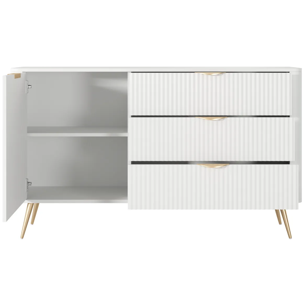 Credenza Bianco oro 3 Cassetti un Ripiano 138x38x81h cm, Apertura Battente, Scorrevole - Halilomo