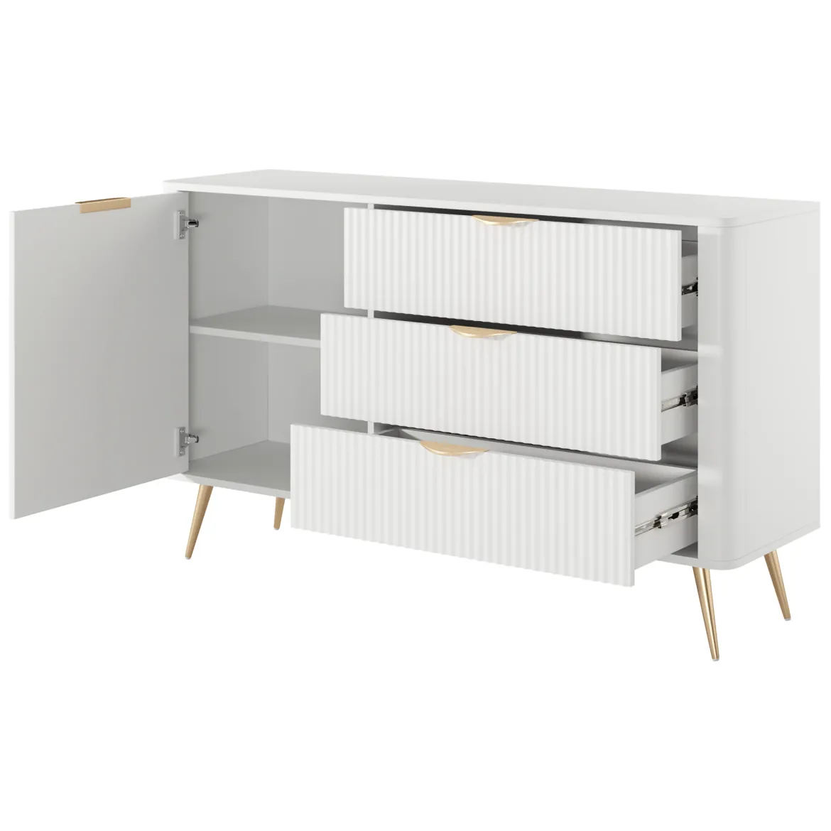 Credenza Bianco oro 3 Cassetti un Ripiano 138x38x81h cm, Apertura Battente, Scorrevole - Halilomo