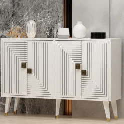 Credenza Bianco oro 2 Ripiani 4 Ante 120x30x80h cm, Effetto Geometrico - Thiene