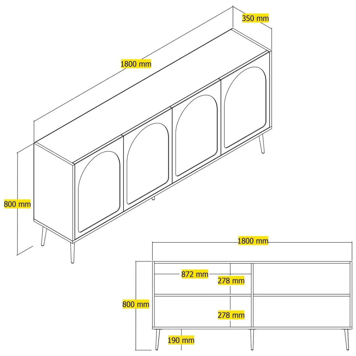 Credenza Bianco oro 2 Ripiani 4 Ante 180x35x80h cm, 4 Vani - Torno