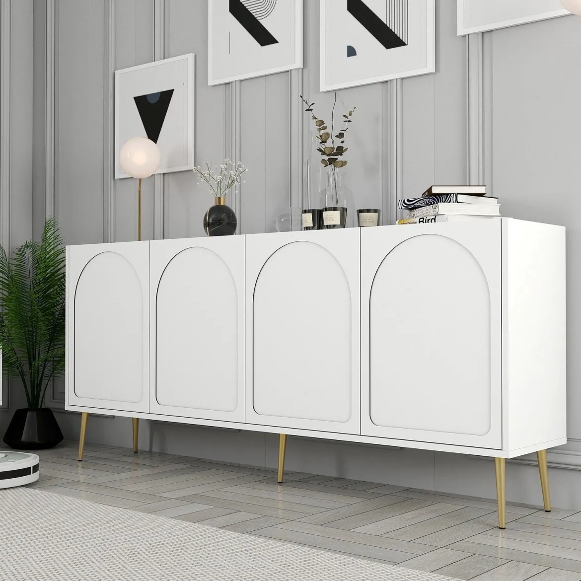 Credenza Bianco oro 2 Ripiani 4 Ante 180x35x80h cm, 4 Vani - Torno