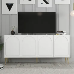 Credenza Bianco oro 2 Ripiani 4 Ante 180x35x80h cm, 4 Vani - Torno