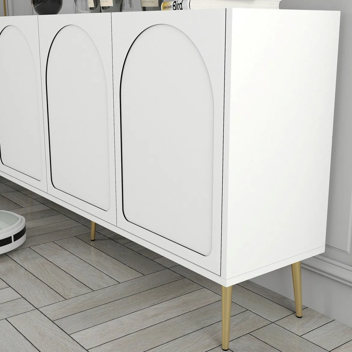 Credenza Bianco oro 2 Ripiani 4 Ante 180x35x80h cm, 4 Vani - Torno