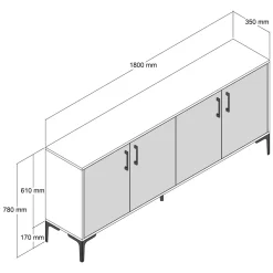 Credenza Bianco 2 Ripiani 4 Ante 180x35x78h cm, 4 Vani - Pollein