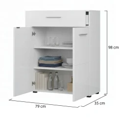 Credenza Bianco 2 Ripiani un Cassetto 79x35x97.5h cm, 3 Vani - Verduno