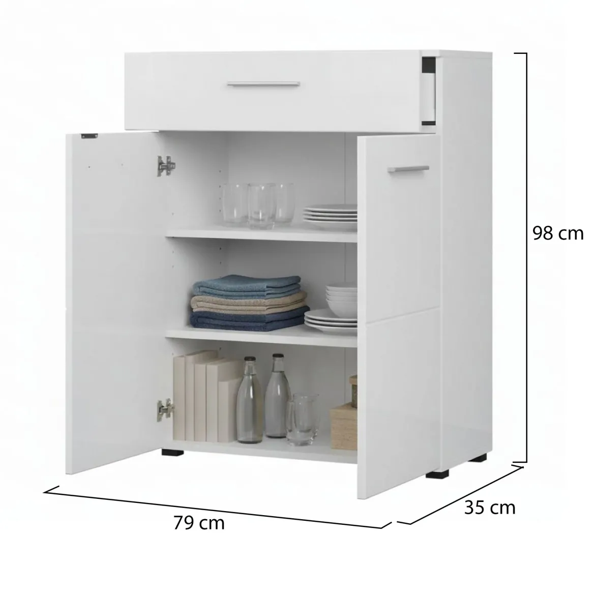 Credenza Bianco 2 Ripiani un Cassetto 79x35x97.5h cm, 3 Vani - Verduno