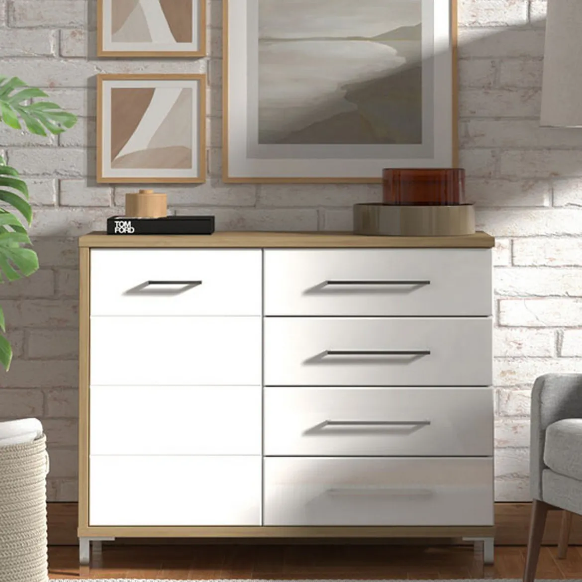 Credenza Bianco Rovere Nodi Marrone 4 Cassetti un Ripiano 108x40x87h cm, Apertura Battente e Scorrevole - Procopio