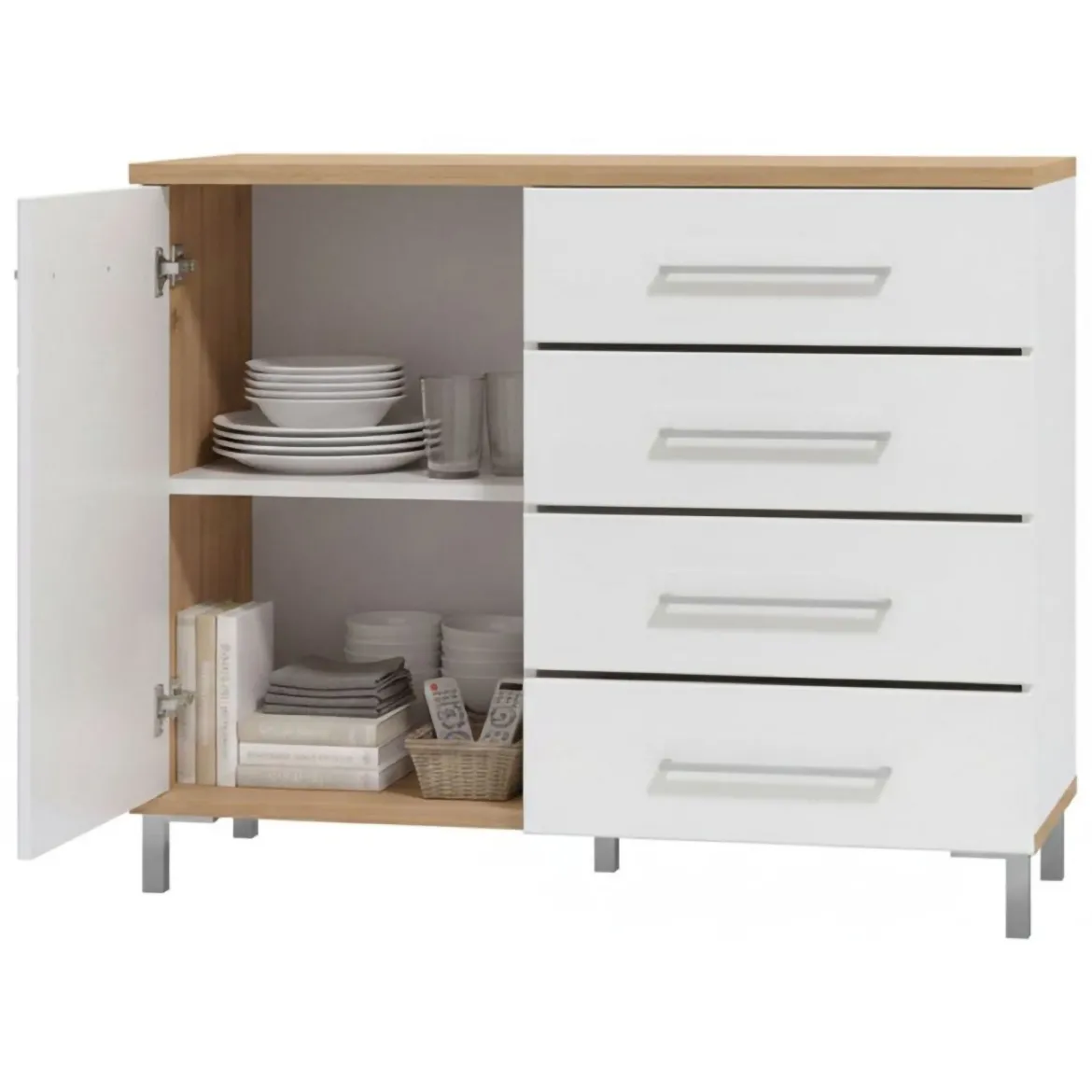 Credenza Bianco Rovere Nodi Marrone 4 Cassetti un Ripiano 108x40x87h cm, Apertura Battente e Scorrevole - Procopio