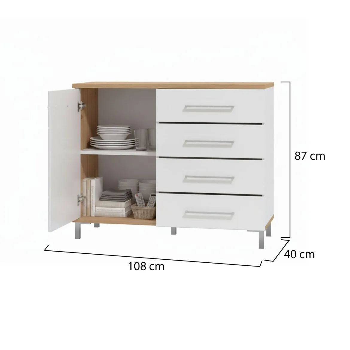 Credenza Bianco Rovere Nodi Marrone 4 Cassetti un Ripiano 108x40x87h cm, Apertura Battente e Scorrevole - Procopio