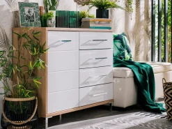 Credenza Bianco Rovere Nodi Marrone 4 Cassetti un Ripiano 108x40x87h cm, Apertura Battente e Scorrevole - Procopio
