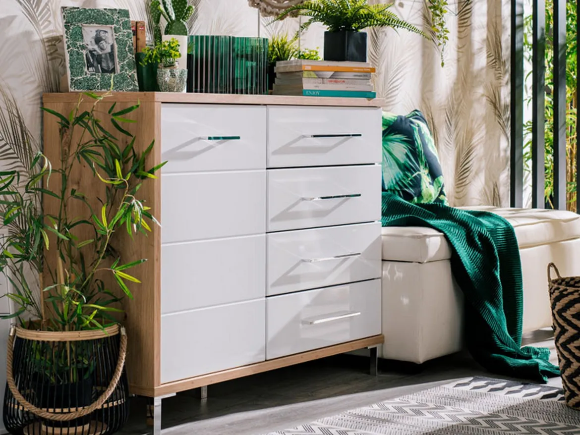 Credenza Bianco Rovere Nodi Marrone 4 Cassetti un Ripiano 108x40x87h cm, Apertura Battente e Scorrevole - Procopio