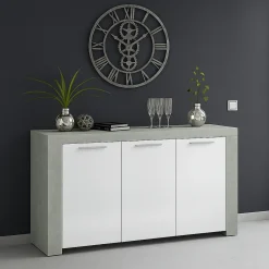 Credenza cemento e bianca porta bicchieri 144x42x80h cm 3 ante - Amaculi