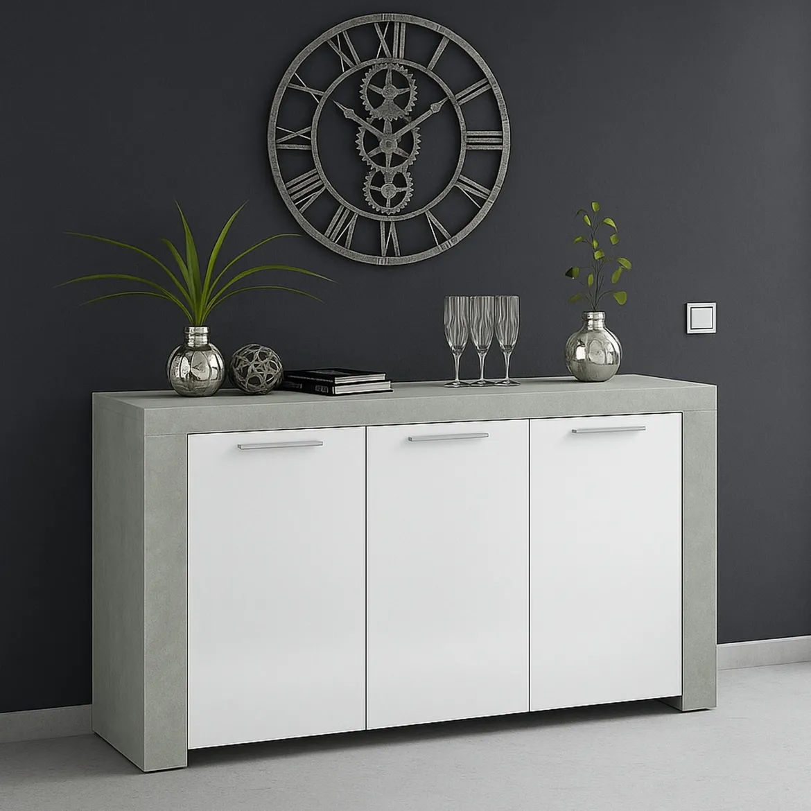 Credenza cemento e bianca porta bicchieri 144x42x80h cm 3 ante - Amaculi