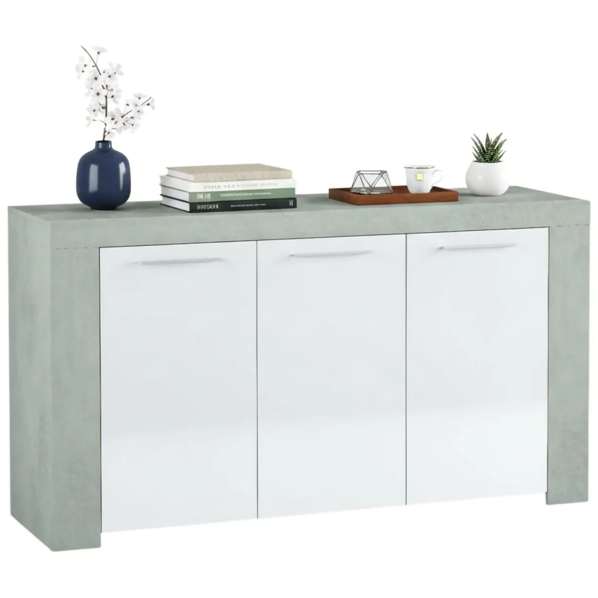 Credenza cemento e bianca porta bicchieri 144x42x80h cm 3 ante - Amaculi