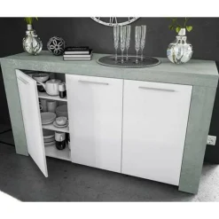 Credenza cemento e bianca porta bicchieri 144x42x80h cm 3 ante - Amaculi
