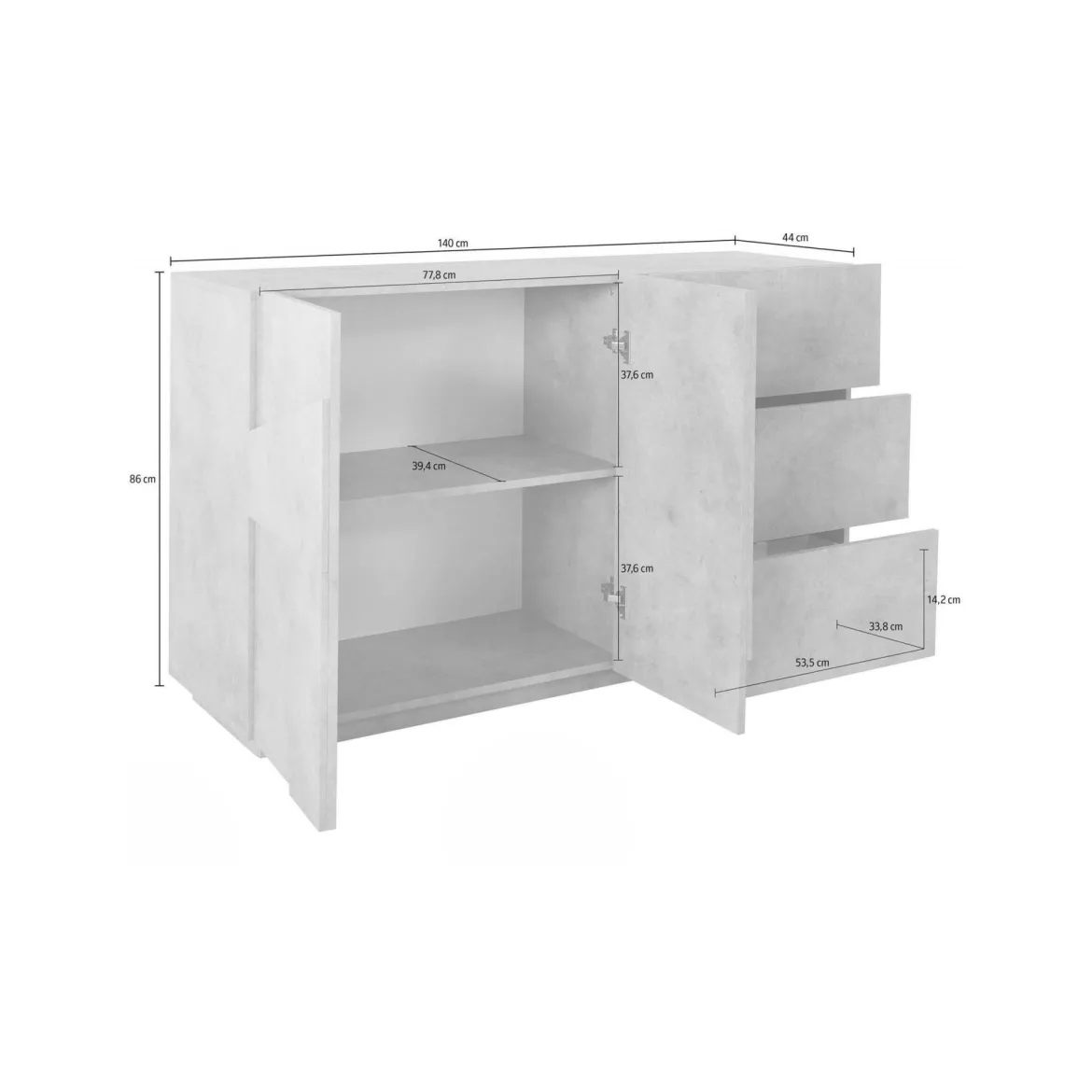 Credenza cemento 142x44x86h cm 2 ante e 3 cassetti - Aydee