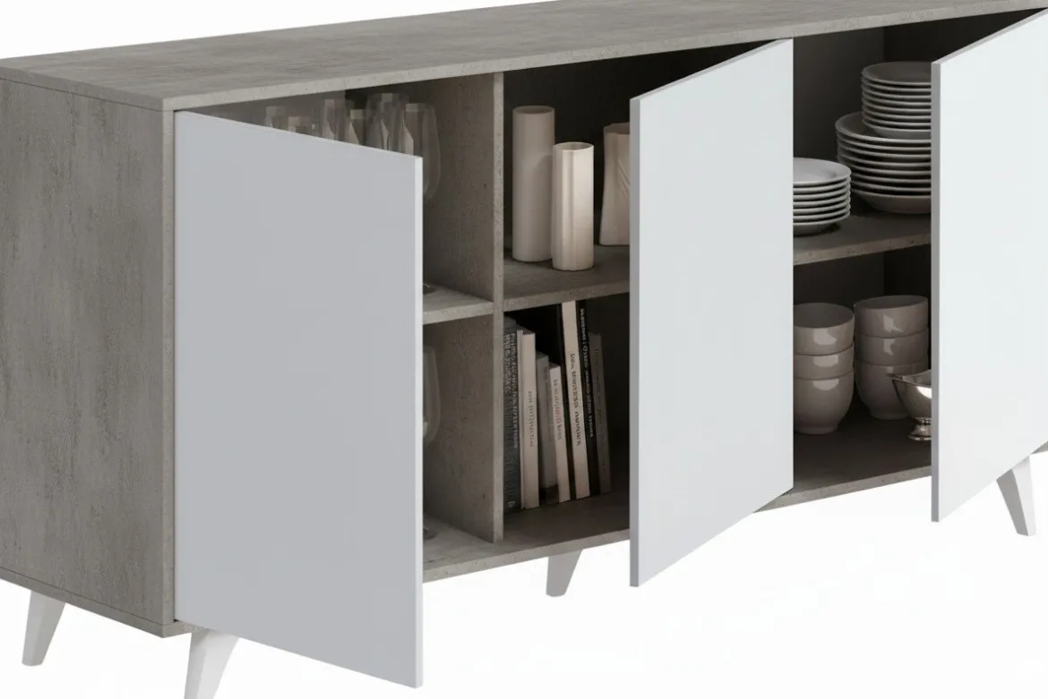 Credenza grigia chiaro e bianca porta piatti 153x39x72h cm 3 ante - Annina