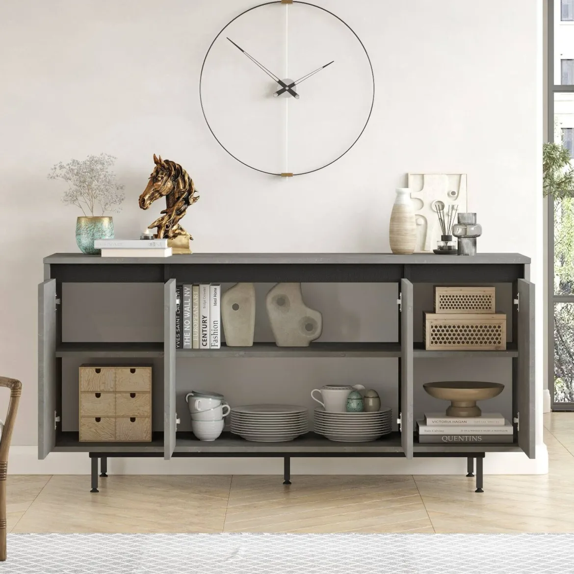 Credenza grigia e nera 160x44x75h cm 4 ante - Kay