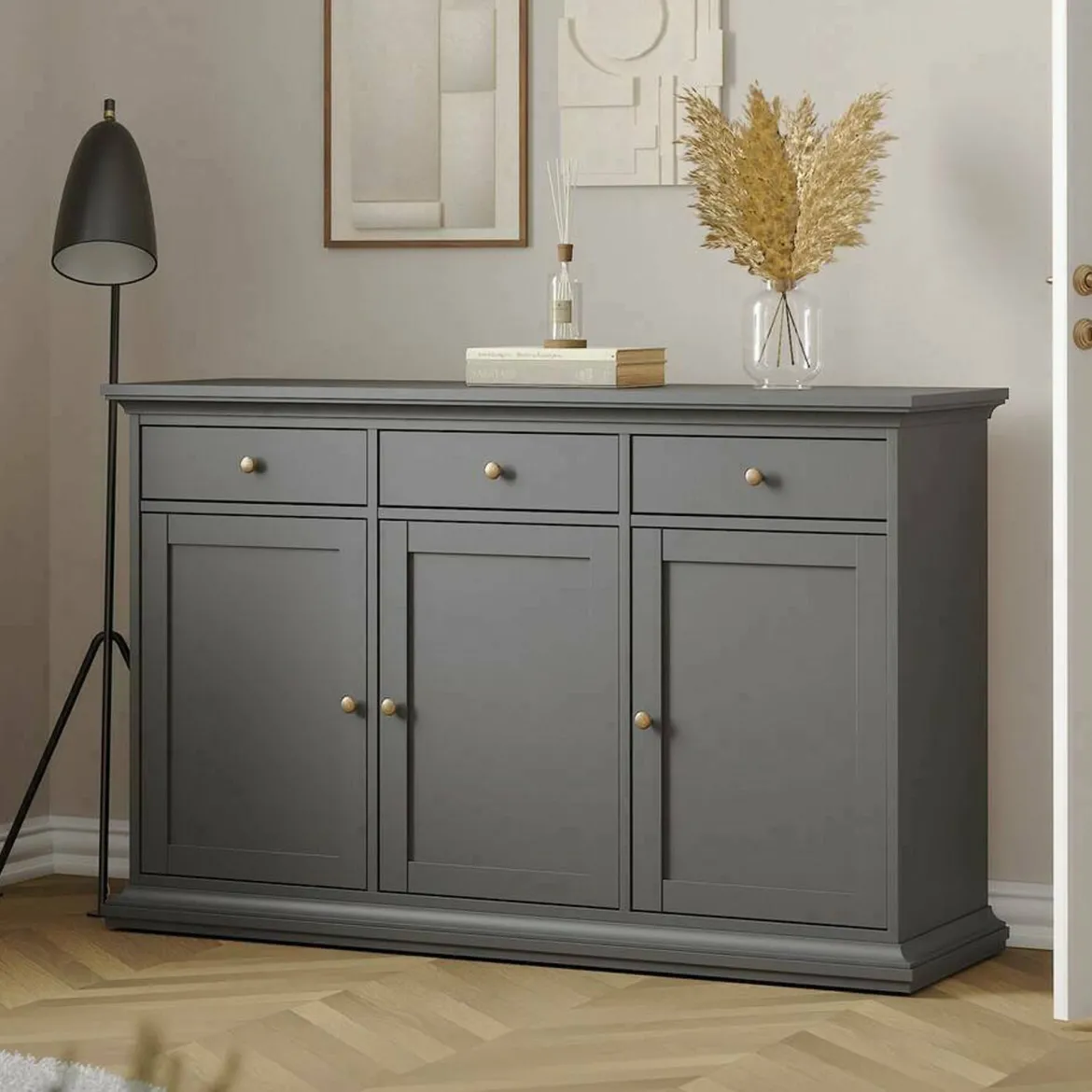 Credenza grigia 147x39x81h cm 2 ante e 3 cassetti - Erina