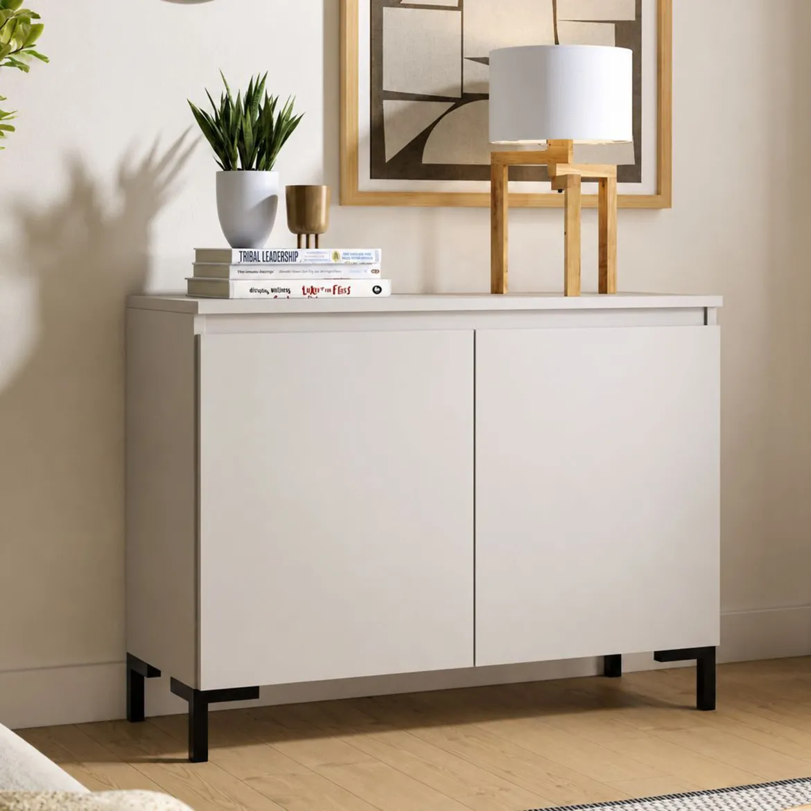 Credenza Grigio Chiaro Nero 2 Ripiani Apertura Battente 100x37x75h cm, 2 Ante Made in Italy - Mimakasa
