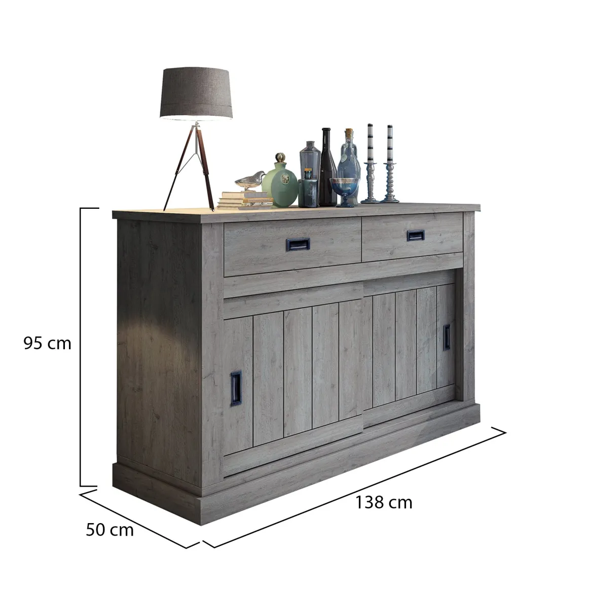 Credenza Grigio Rovere Grigio 2 Ripiani 2 Cassetti 138x50x95h cm, 2 Ante - Lupara