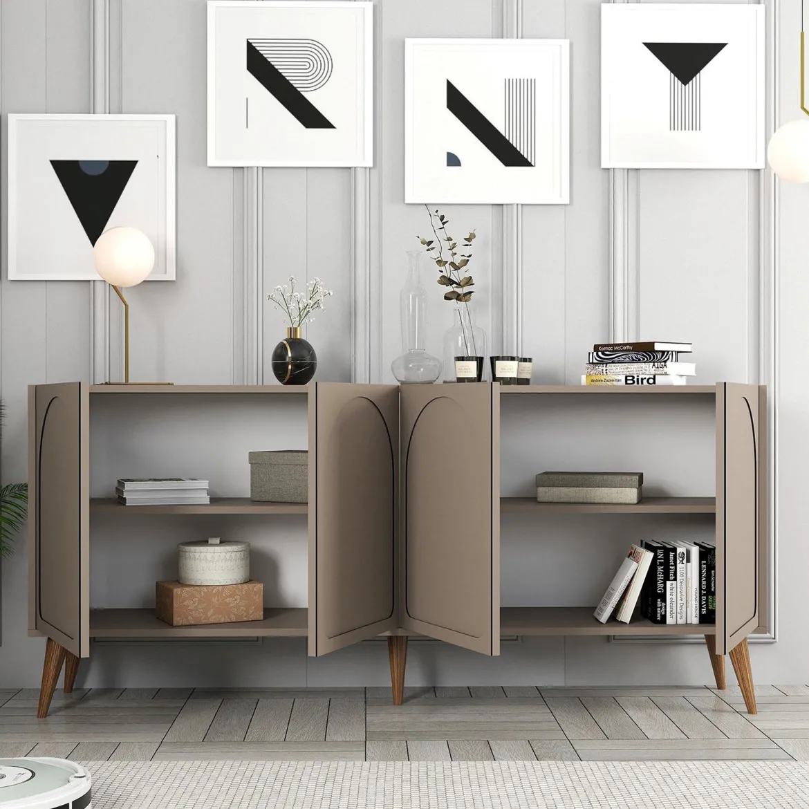 Credenza Grigio Tortora Marrone Noce 2 Ripiani 4 Ante 180x35x81h cm, 4 Vani - Niscemi