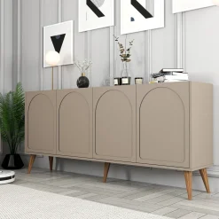 Credenza Grigio Tortora Marrone Noce 2 Ripiani 4 Ante 180x35x81h cm, 4 Vani - Niscemi